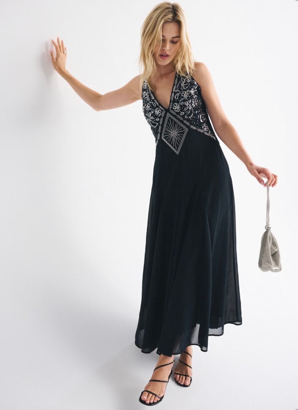 NWT Abercrombie & Fitch Beaded Plunge Maxi Dress Sheer Crepe - Large (12-14)
